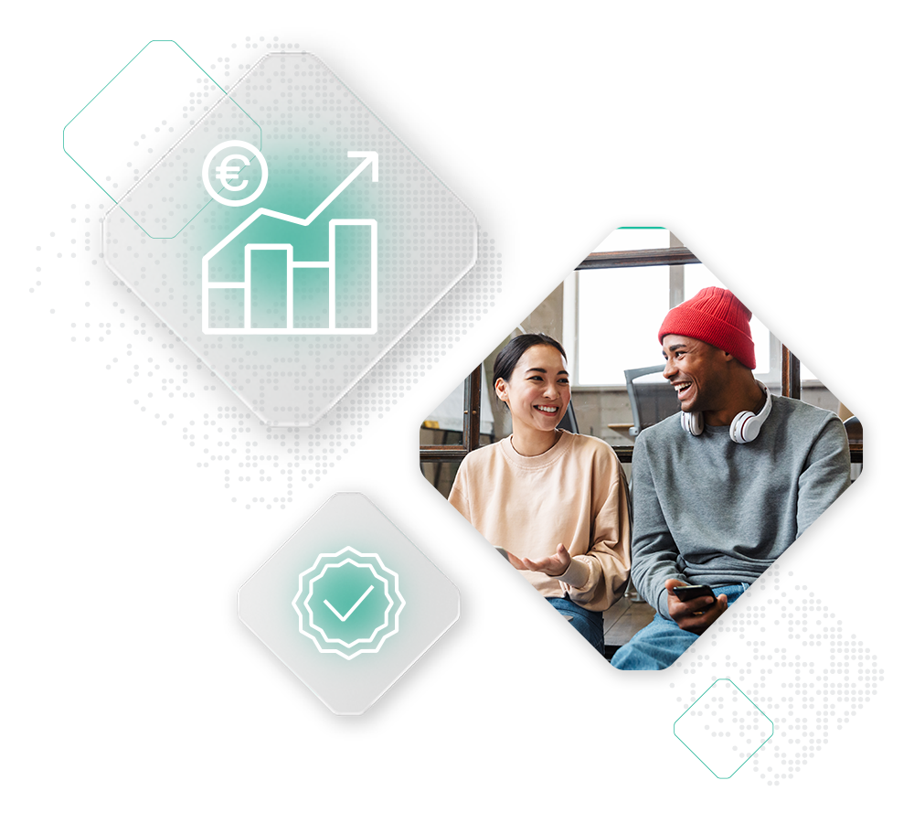 A man and woman engaged in conversation, layered with graphics of a bar chart showing growth and a checkmark in a circle, discussing the advantages of multi-brand selling.