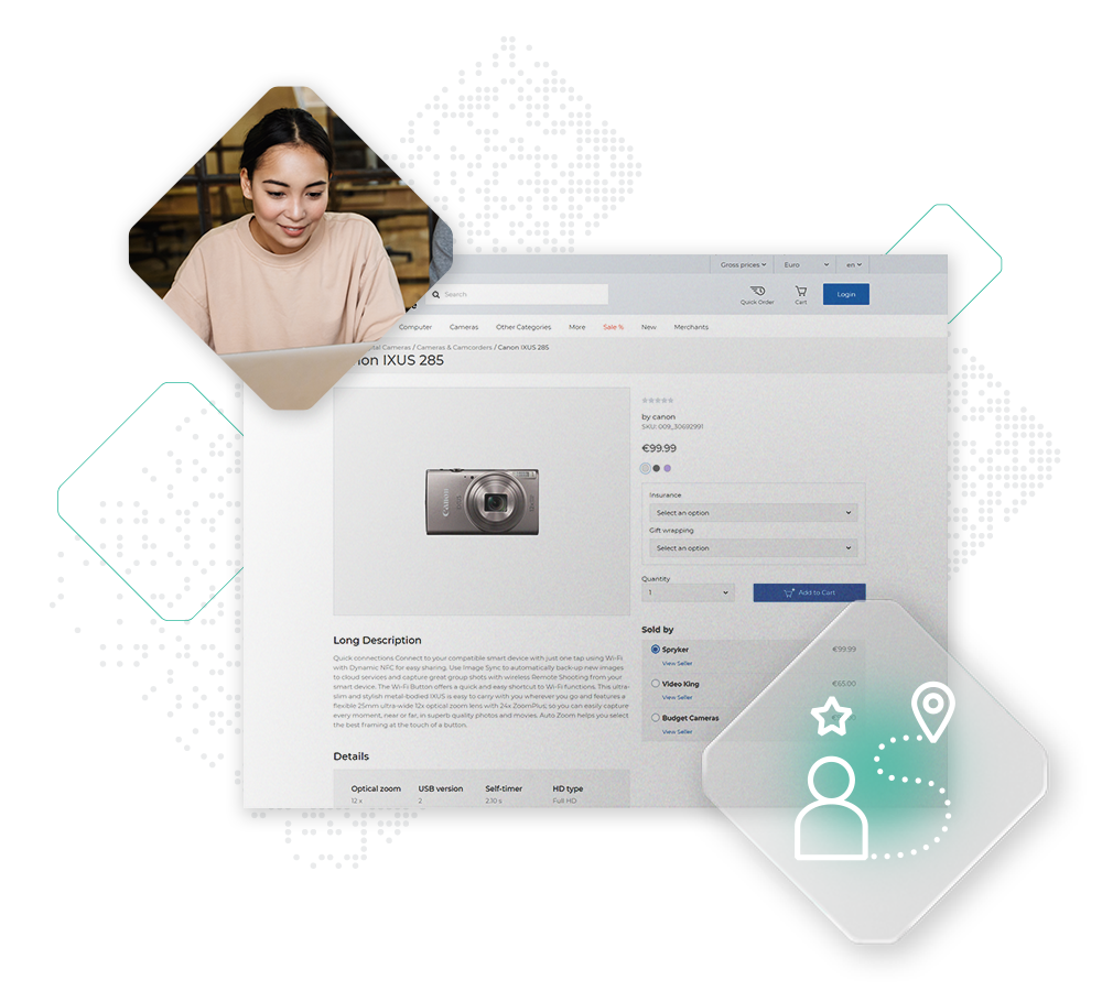 A person looks at a product page on a computer showing a camera, with details and purchase options. Icons of a map and a person with a star are overlaid on the image, highlighting the benefits of multi-brand selling in offering diverse choices for consumers.