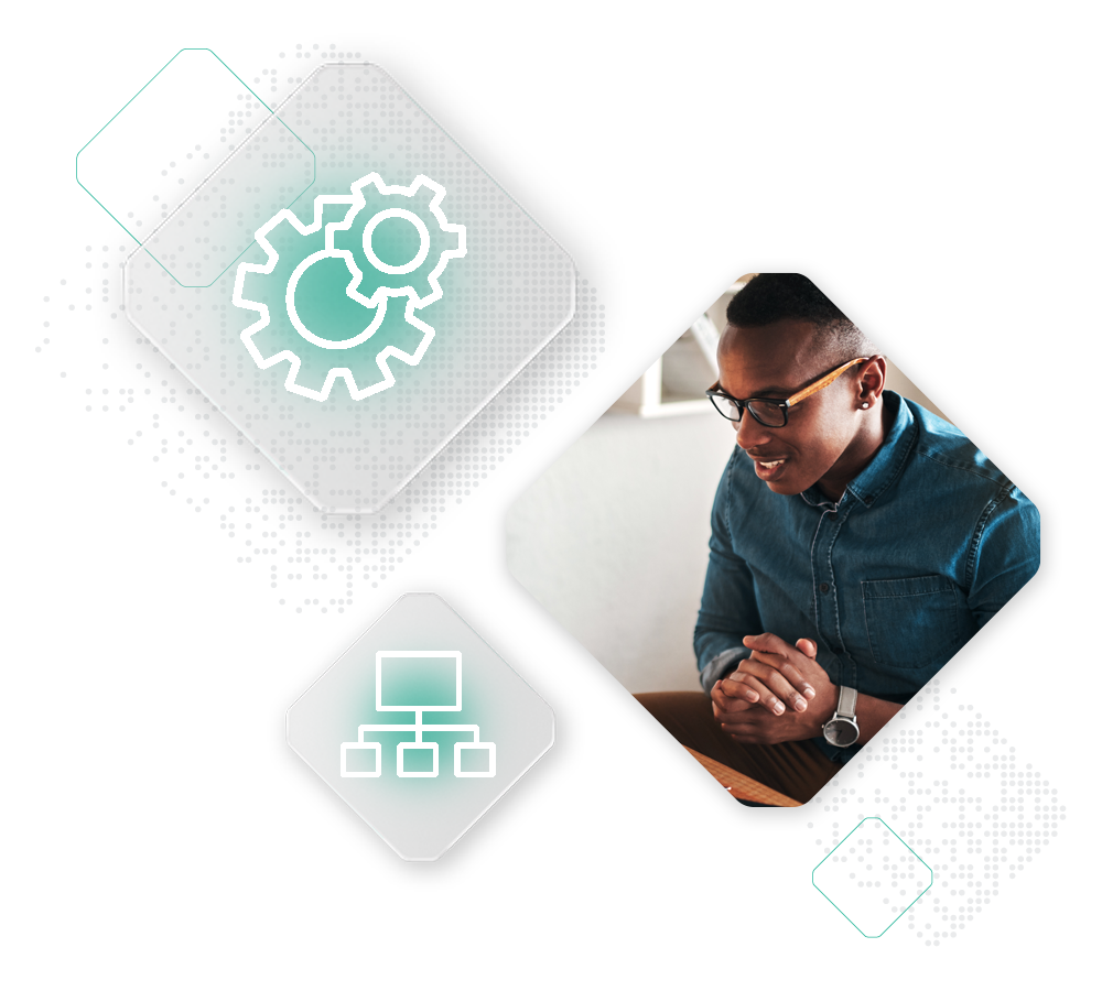 A man in glasses sits at a table with his hands clasped, surrounded by icons representing gears and network structures, indicating the intricacies of selling complex products.