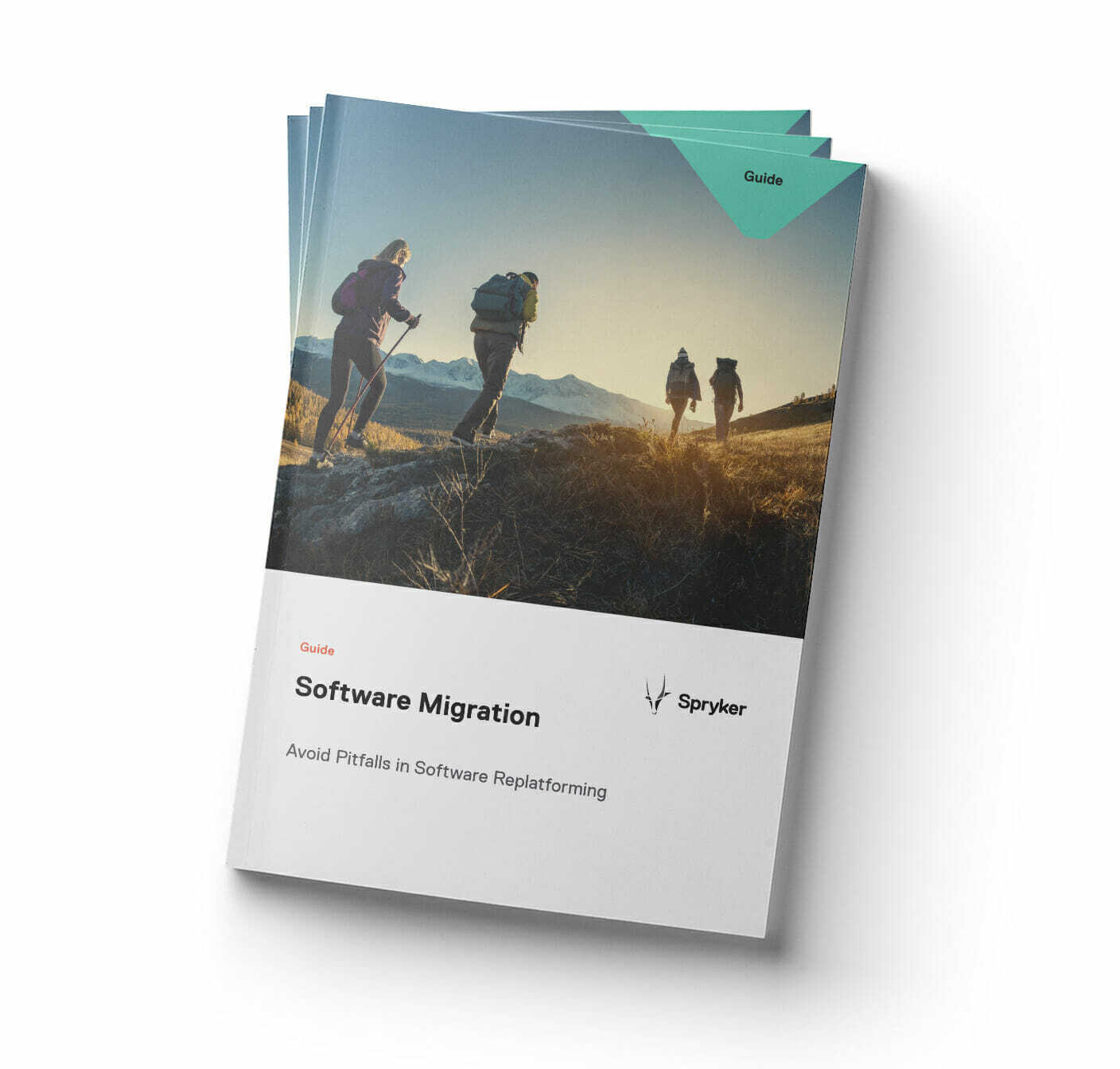 A guide titled "Software Migration: Avoid Pitfalls in Software Replatforming" by Spryker, featuring an image of three backpackers hiking on a mountain trail, illustrates the journey and challenges of software migration.
