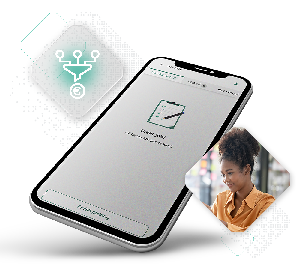 A smartphone displaying a screen with the text "Great job! All items are processed!" is next to a small image of a woman and an icon depicting a technology symbol, showcasing the seamless Buy Online Pick-up in Store experience.