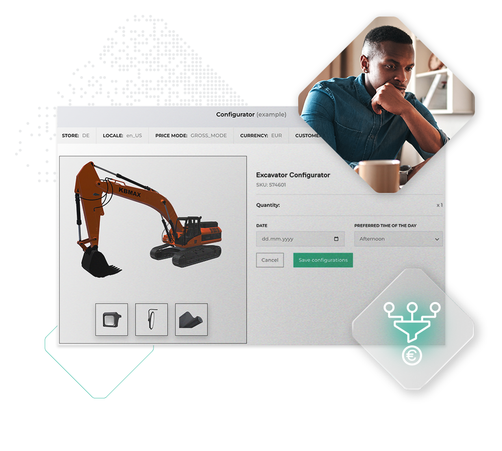 A person viewing an online configurator for an excavator, aimed at selling this complex product, includes options to select quantity, date, time, and additional features. Icons and graphical elements surround the main interface.