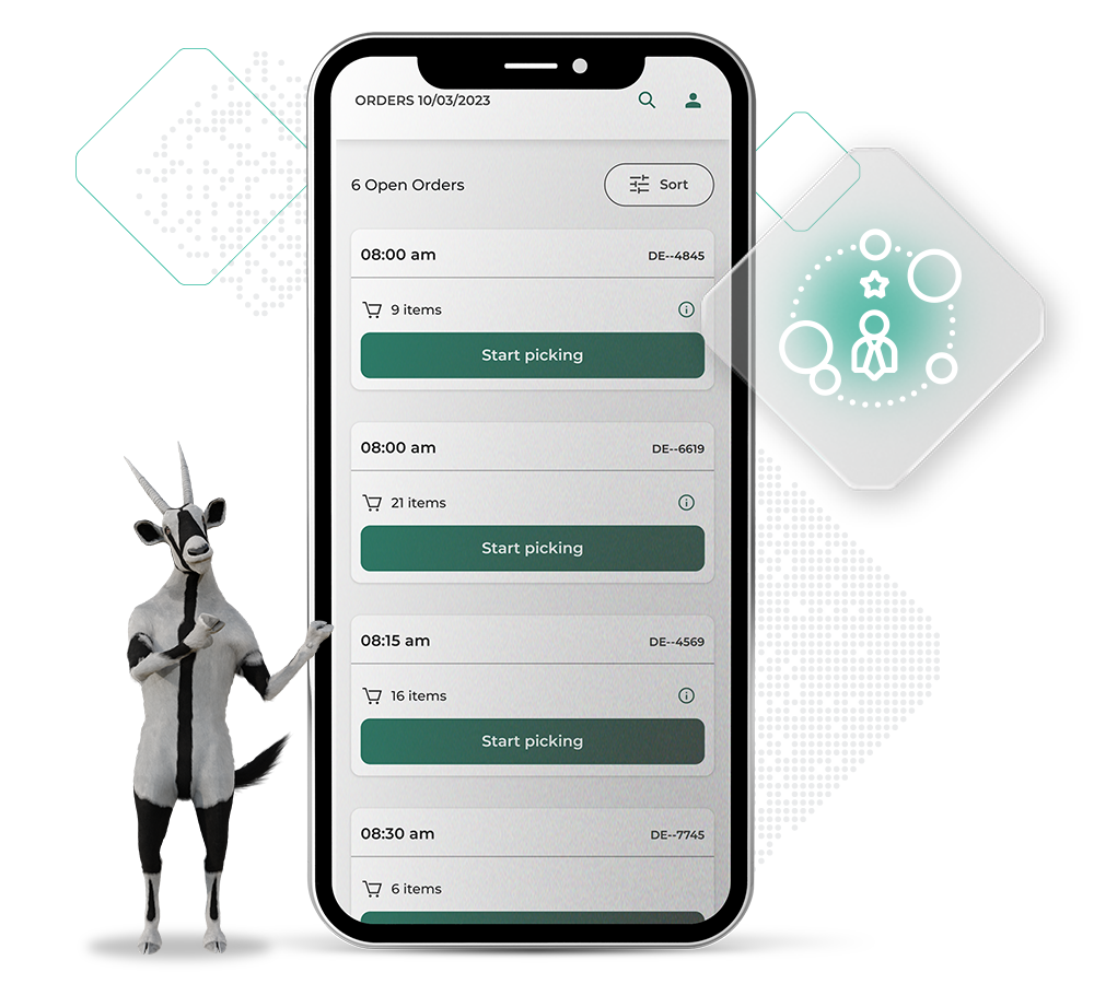 A digital interface on a smartphone displays a list of orders with a "Start picking" button next to each, highlighting the convenience of Buy Online Pick-up in Store. A humanoid goat character stands beside the phone, while various graphical icons decorate the background.