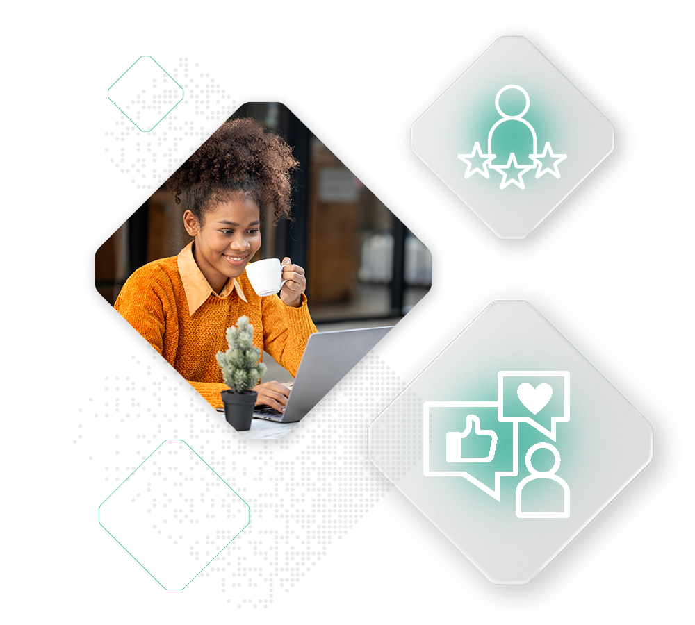 A person wearing an orange sweater drinks from a white cup while using a laptop, perhaps taking advantage of a Buy Online Pick-up in Store service. Surrounding icons include a person with stars, and a chat symbol with a heart and thumbs up.