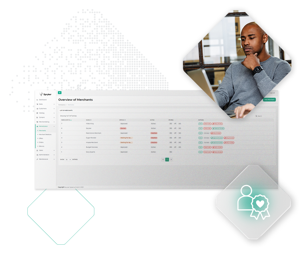 A person examining a computer screen with a data dashboard for "Overview of Merchants" displaying various statuses and icons symbolizing analysis and quality, ideal for understanding multi-brand selling performance.