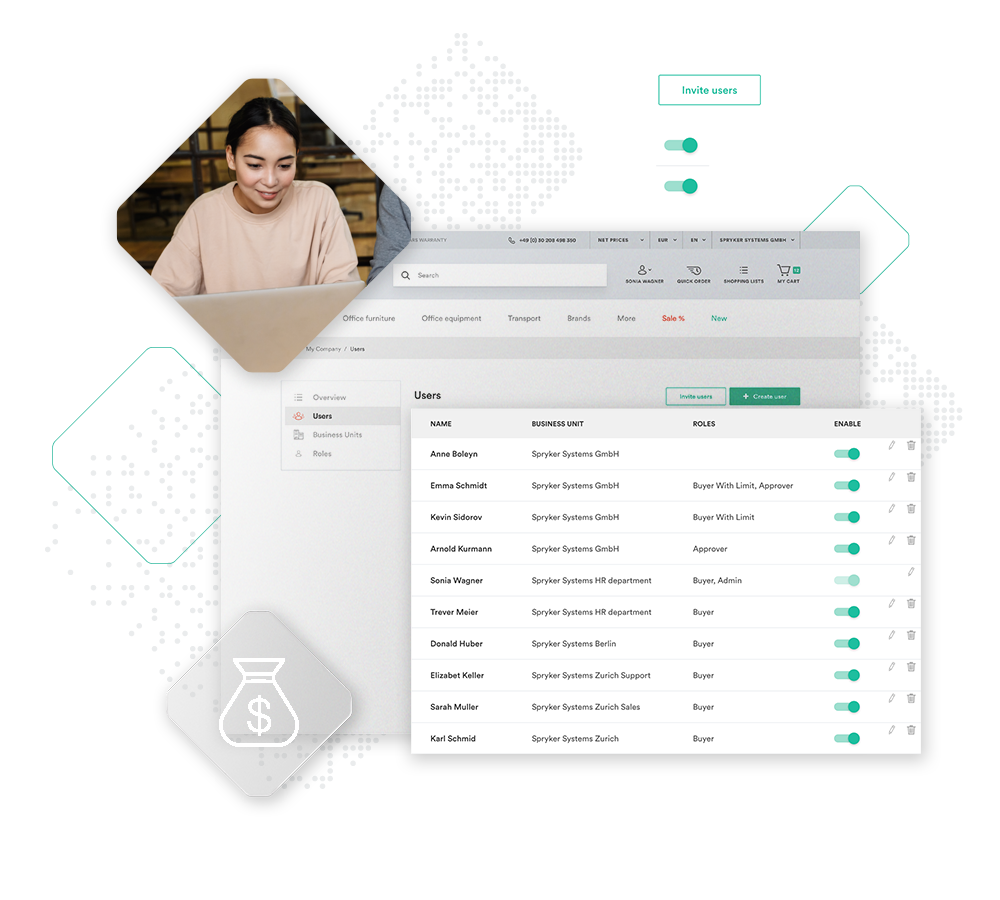A person working on a laptop, shown above a screen displaying user role management for an online platform. The interface features user names, roles, and toggle options for enabling or disabling access within the new Marketplace Extension.
