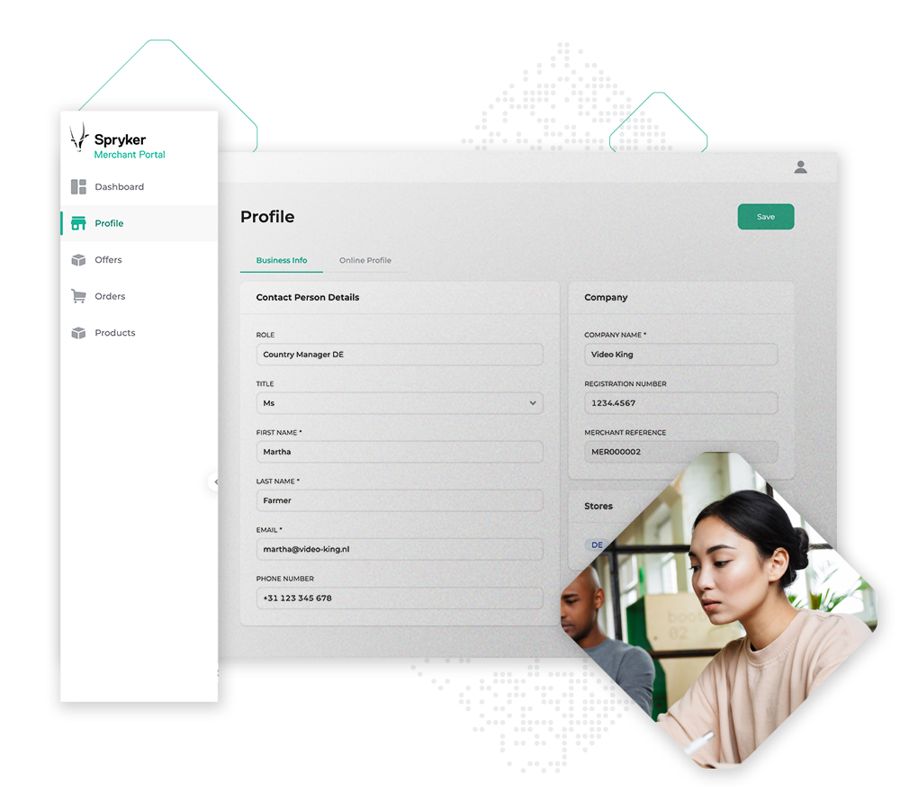 Screenshot of Spryker Merchant Portal showcasing a profile form with fields for Contact Person Details and Company information. An inset photo of a person working at a laptop is displayed on the form, highlighting the new Marketplace Extension.