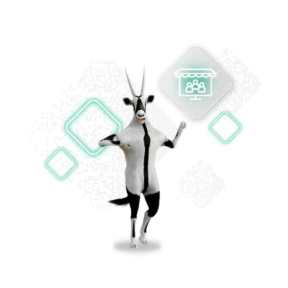 A dancing animal, resembling an antelope or oryx, stands upright with arms raised. Surrounding it are digital icons representing user data and CPG commerce storefronts on a white background.