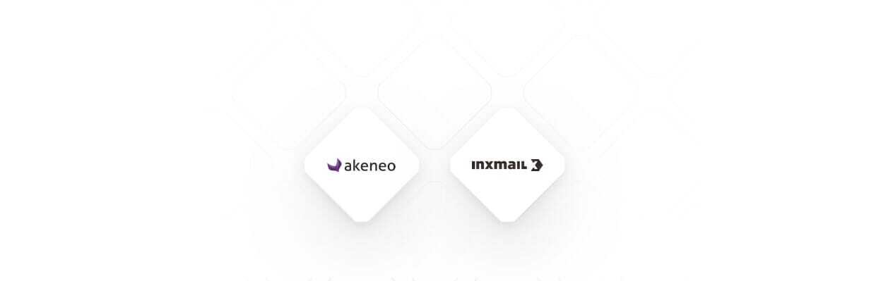 A white background displays two diamond-shaped logos. The left diamond shows the Akeneo logo, while the right diamond features the Inxmail logo. Both shapes have a subtle square pattern in the backdrop.