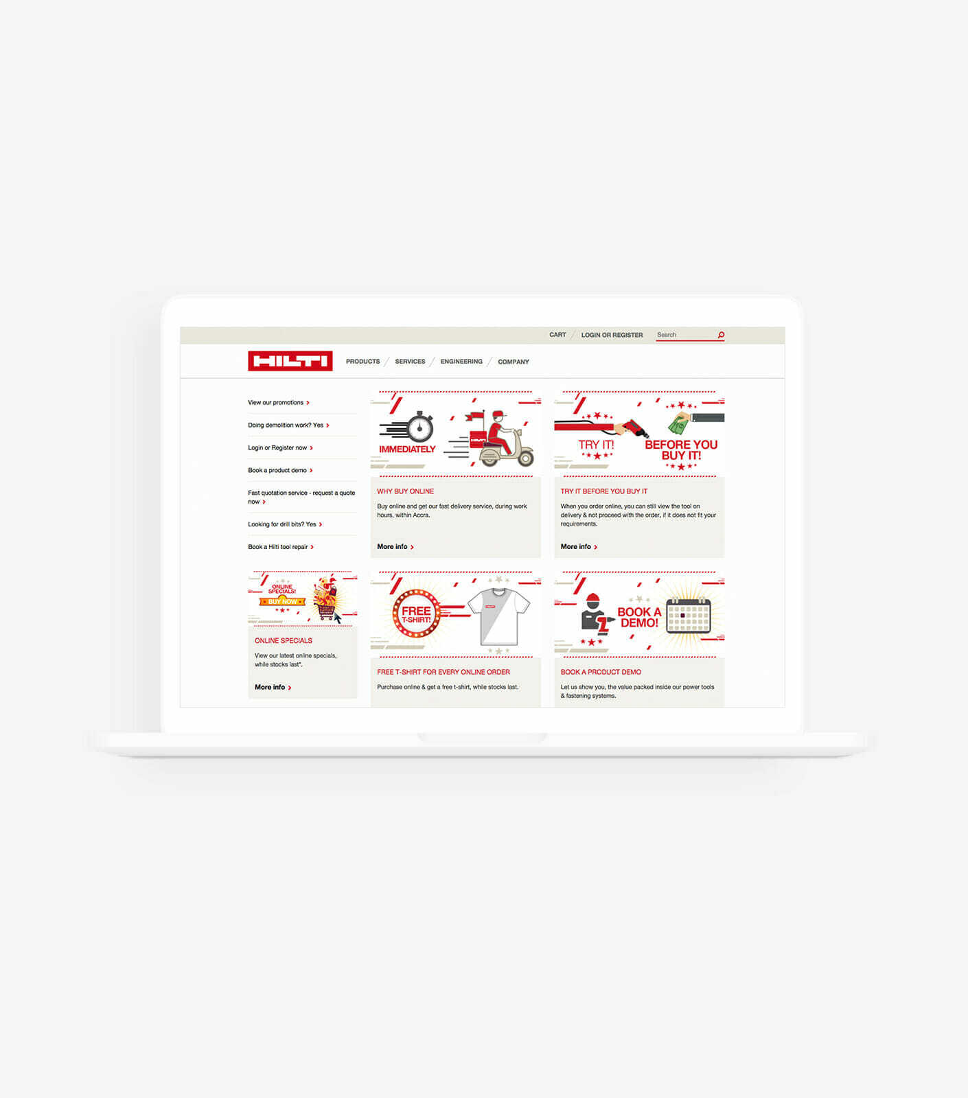 A laptop displays a Hilti webpage with sections titled "Products," "Applications," "Training," and "Services." Several promotional offers and product images are visible, highlighting the company's focus on internationalization.