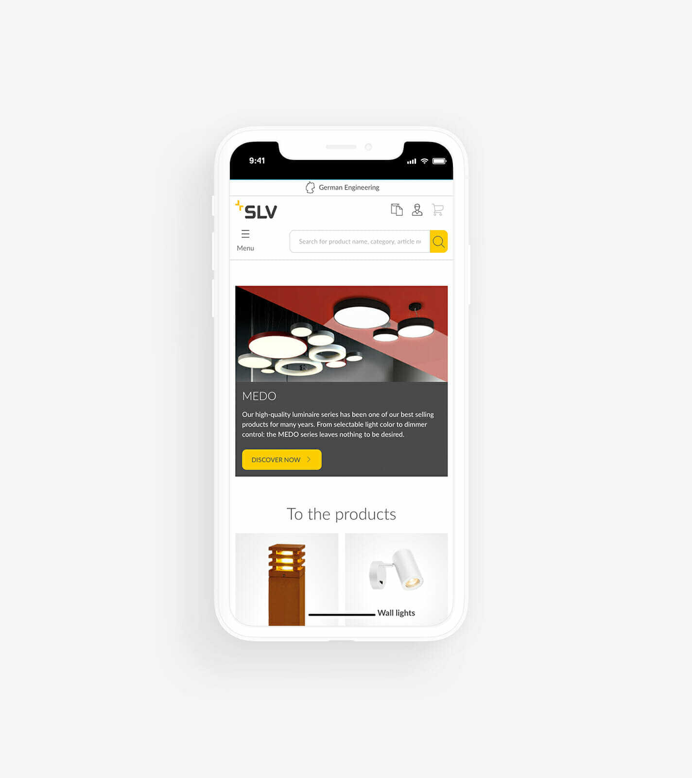 A smartphone displays a website by a digital company, featuring a banner advertising "MEDO" lighting products at the top and a section linking to wall lights at the bottom.