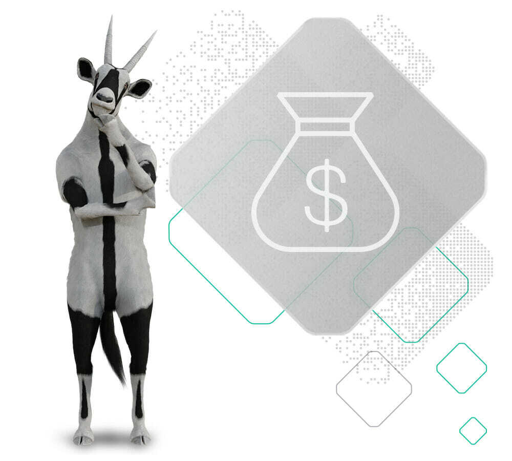 A humanoid goat stands thoughtfully next to a graphic of a money bag with a dollar sign, symbolizing the ease of the self-service request for quote process, all set against a background of geometric shapes.