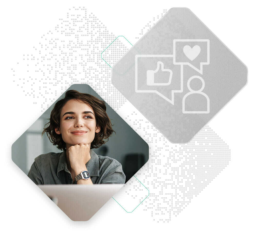 A person with short hair smiling and resting their chin on their hand in front of a laptop, with an overlay of chat icons showing a thumbs up, a heart, and a Self-Service Request for Quote option.