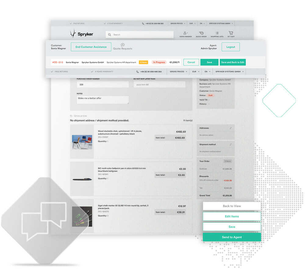 A computer screen displaying an order summary on the Spryker software interface showcases item details, prices, and shipment information. The Self-Service Request for Quote feature is integrated seamlessly, with various buttons and navigation options visible at the top and side.