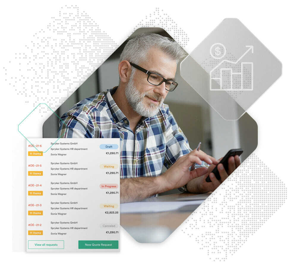 A man with glasses and a plaid shirt is using a smartphone. Beside him is a screen displaying financial data and a growth chart, illustrating the Self-Service Request for Quote tool. He appears focused and engaged.